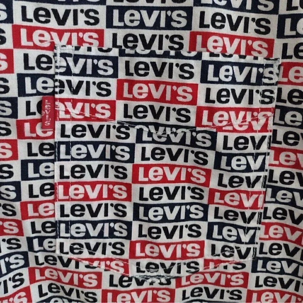 Levis Classic Retro Logo Pattern Button Down Shirt Short Sleeve Mens Medium